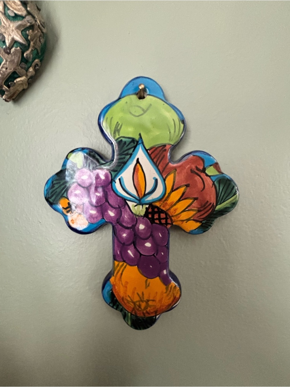 Vintage Handcrafted TALAVERA Mexican Pottery Wall Cross - EUC